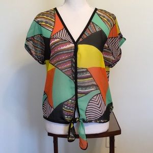 Vintage Nine Bird Sheer Multi Print Tie Front Blouse Sz S